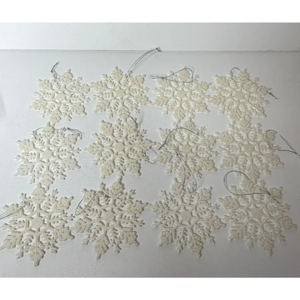 Lot of 12 Cream Ivory Glitter Snowflake Christmas Ornaments Holiday Decor